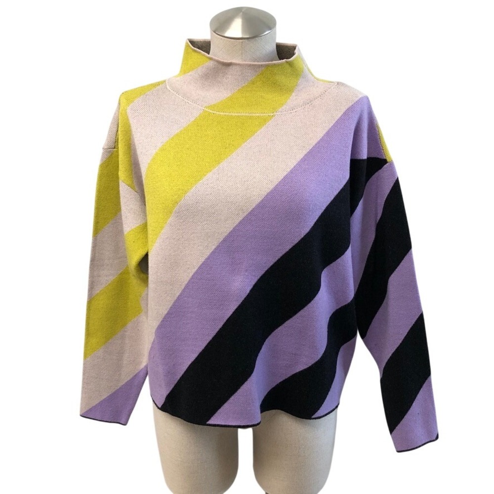 Maeve Sweater Womens XS Anthropologie Purple Yellow Striped Mock Neck Knit